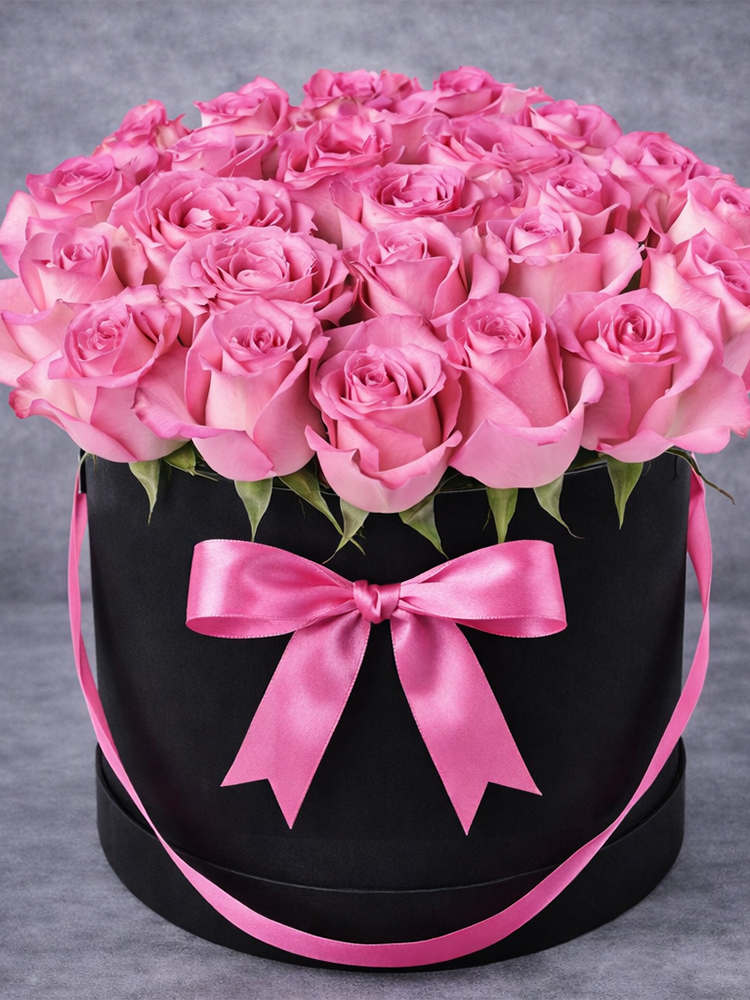 40 PEMBE GÜL SİYAH KUTUDA 40 Pembe Gül Kutusu (35 cm) – Siyah / Kırmızı / Beyaz Kutu