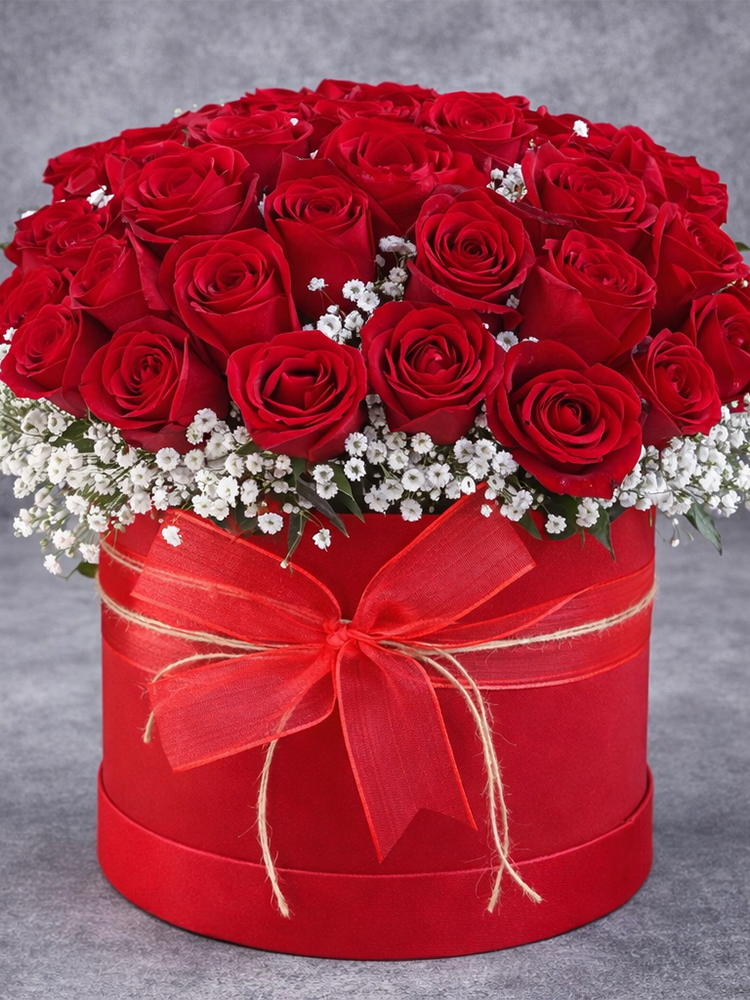50 KIRMIZI GÜL KIRMIZI KUTUDA 50 Kırmızı Gül Kutusu (40 cm) – Siyah / Kırmızı / Beyaz Kutu